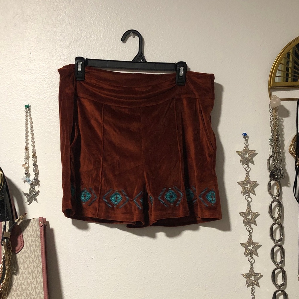 Rust Velvet Shorts with Teal Embroidered Hem Aztec Design